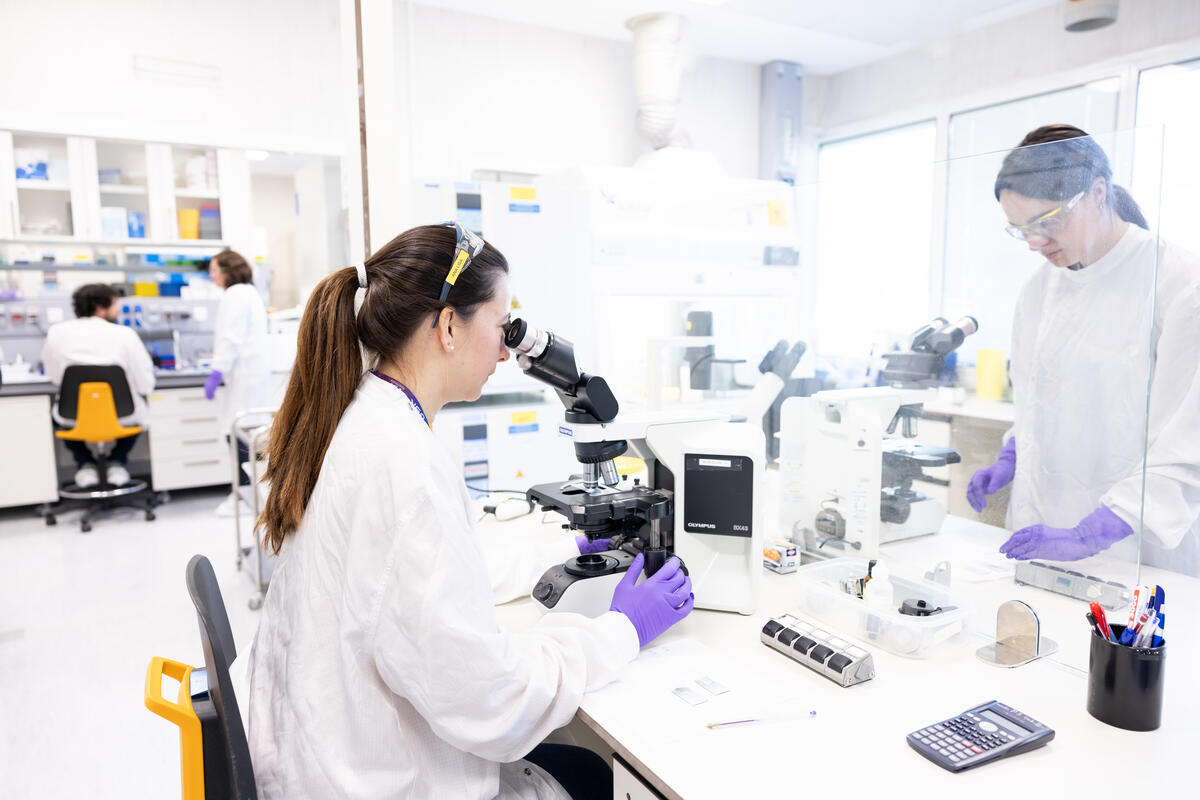 Scientist looking through a microscope